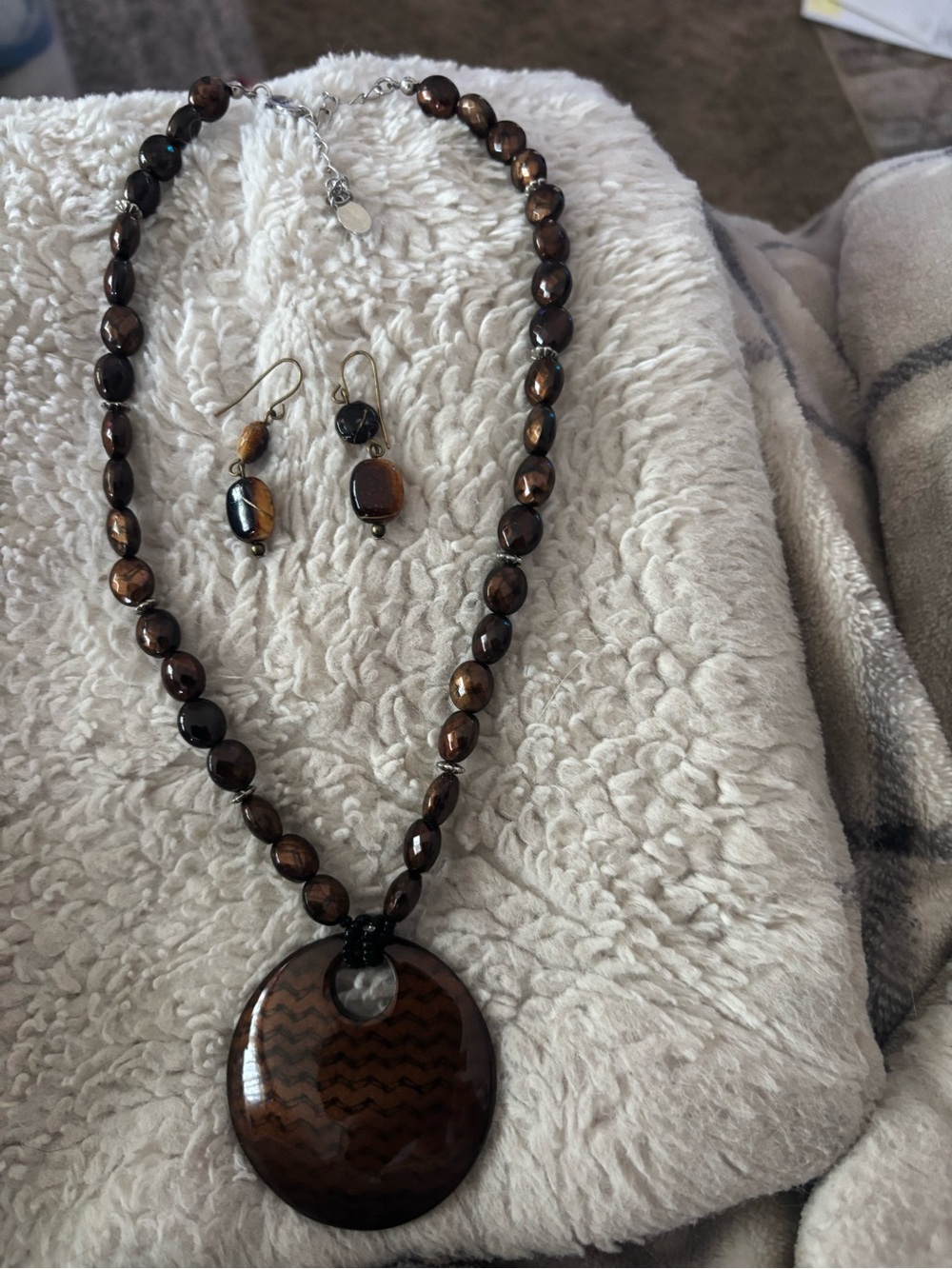 Brown Beaded Necklace with Round Chevron Pendant - Women Jewelry